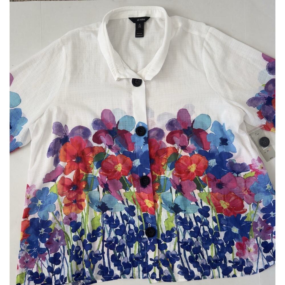 Ali Miles 2X White Multi Floral 3/4 Bell Sleeve Button Front Shirt Blouse Artsy - Picture 2 of 11